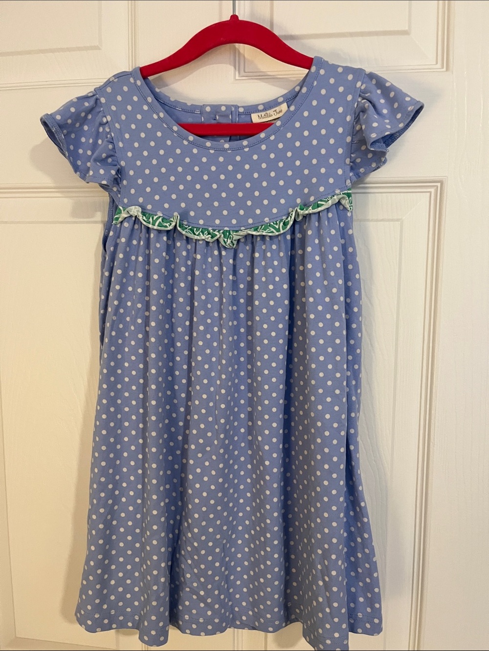 Matilda Jane Light Blue and White Polka Dot Pearl Dress with Green Trim 6